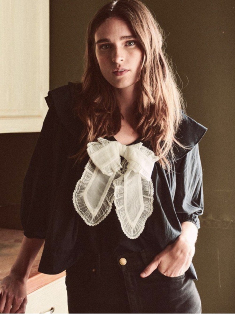 THE GREAT. The Relic Black Peasant Blouse with White Lace Bow size XS